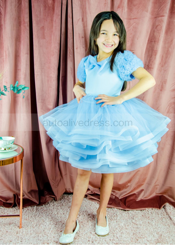 Short Sleeves Blue Satin Tulle Flower Girl Dress